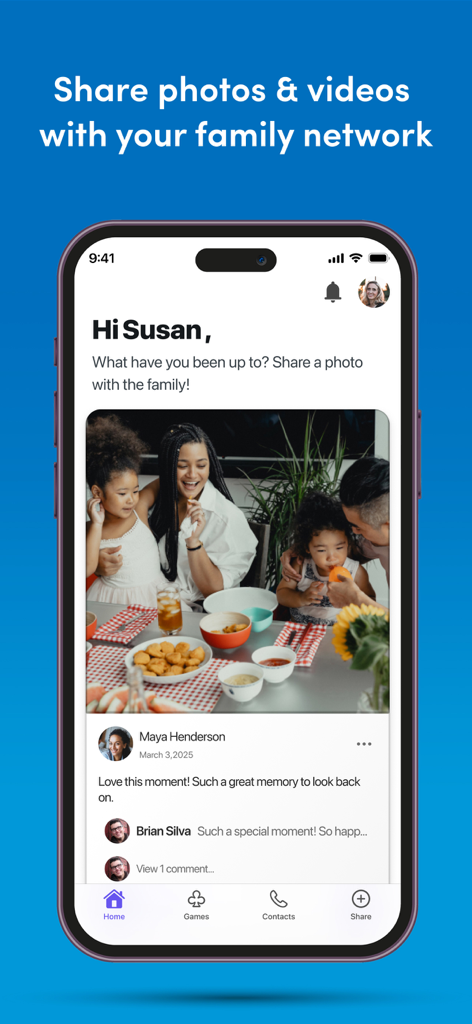 GrandPad app interface showing a family photo feed with comments and social sharing features