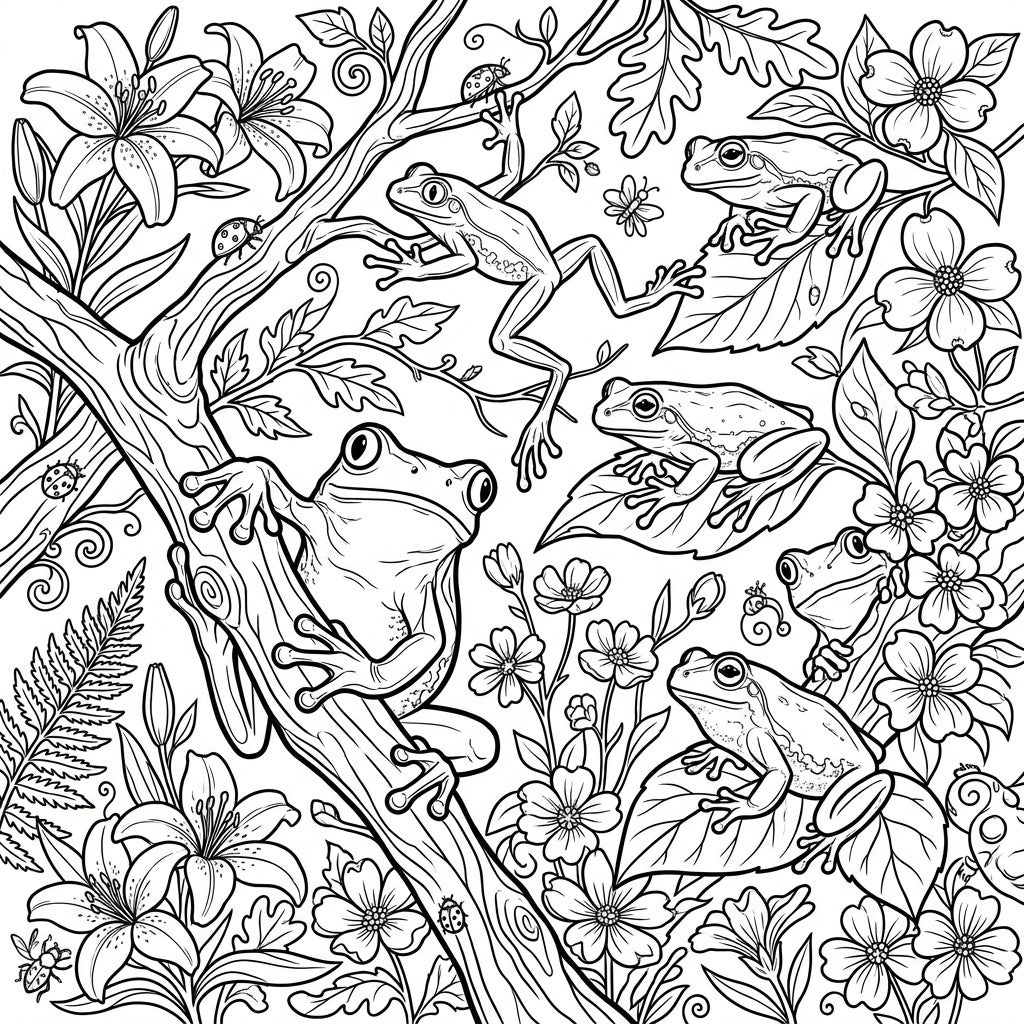 Lively Spring Tree Frogs Coloring Page for Teens