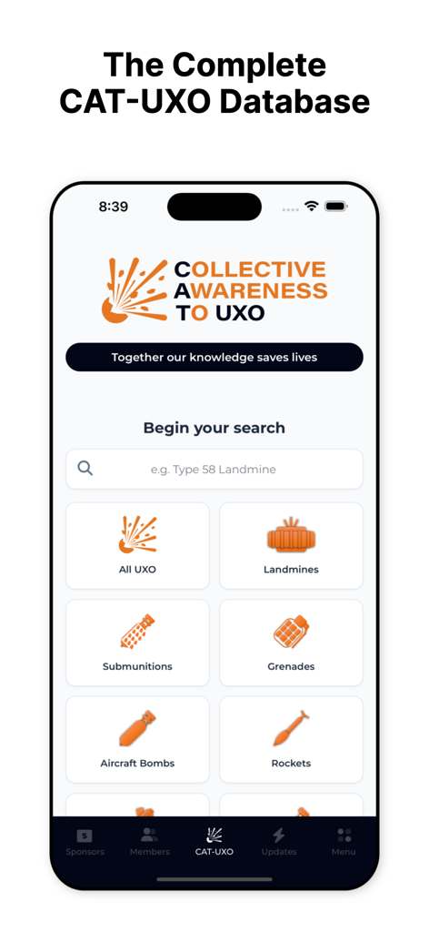 CAT-UXO - CAT-UXO mobile app interface displaying unexploded ordnance categories and search functionality