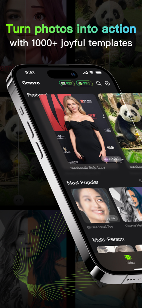 Groovo: Meme Generator - Smartphone screen showing Groovo app interface with various video meme templates and AI animated photos