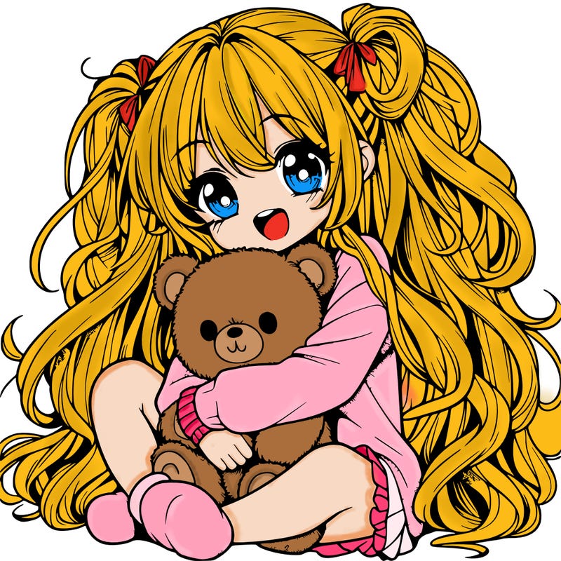 manga girl, long curly hair, happy, cuddling a teddy bear