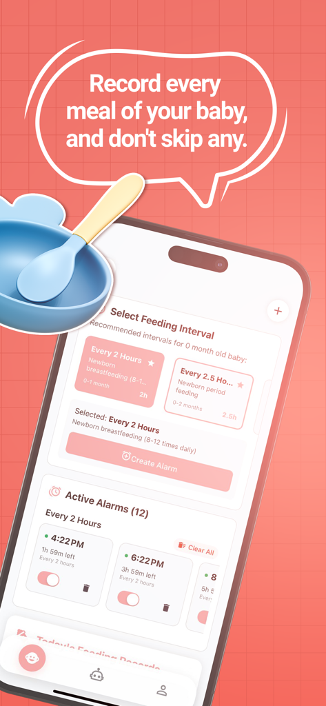 Baby Routine! - Baby Tracker - Interfaz de la aplicación Baby Routine mostrando la selección del intervalo de alimentación y las alarmas de comida activas para un recién nacido