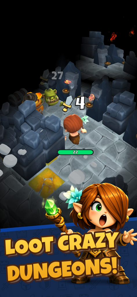 Slashy Knight - Slashy Knightのゲームプレイ画面。岩の多いダンジョンにいるキャラクターと、エルフの魔法使いのキャラクターアート