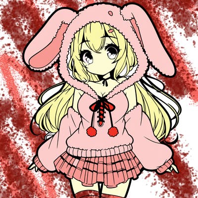 pretty anime girl wearing a fluffy hoodie with bunny ears on the hood and a skirt