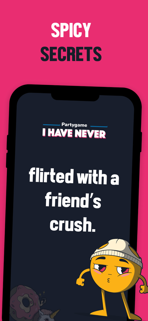 Smartphone screen showing the I Have Never dirty party game with a spicy question about flirting