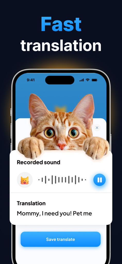 Dog & Cat Translator. - Pantalla del iPhone que muestra el resultado de la traducción de un gato en la aplicación Traductor de Perros y Gatos