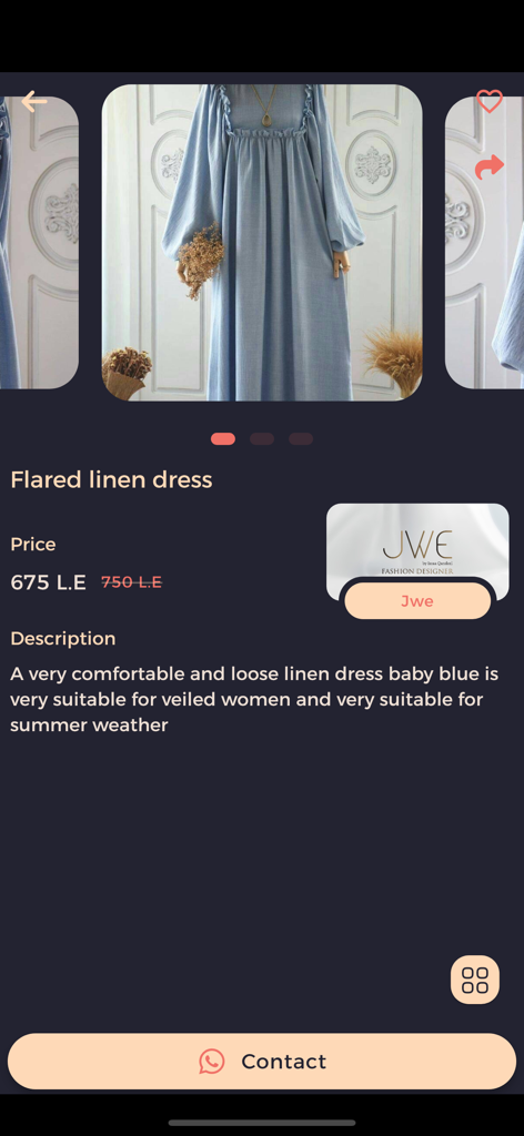 Crafty Bazaar - Product page in the Crafty Bazaar app featuring a light blue flared linen dress with price and designer details.