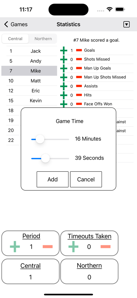 Ice Hockey Statistics - Interfaccia dell'app Statistiche sull'hockey su ghiaccio che mostra un popup per registrare l'ora esatta di un gol di un giocatore