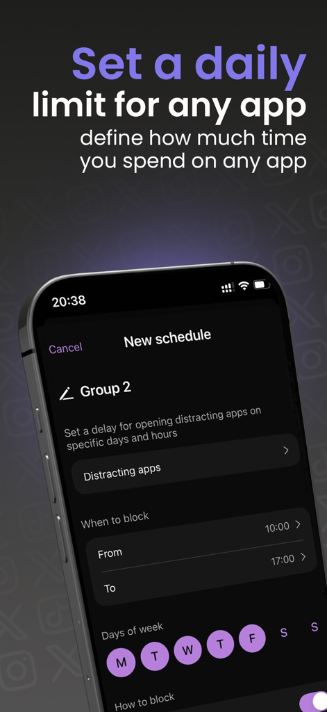 Screen Time Control - HeadUp - Interfaz de la aplicación HeadUp en un iPhone mostrando un nuevo horario para establecer límites diarios y bloquear aplicaciones que distraen.