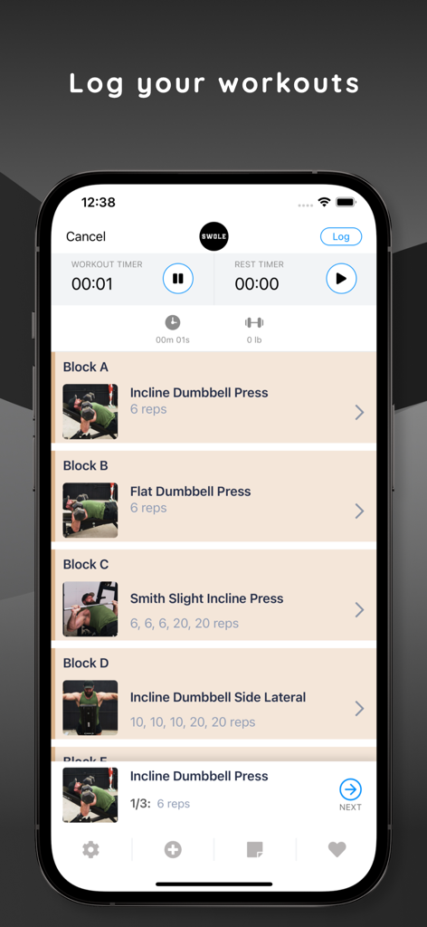 Get Swole - Interface of the Get Swole app showing exercise blocks and workout timers
