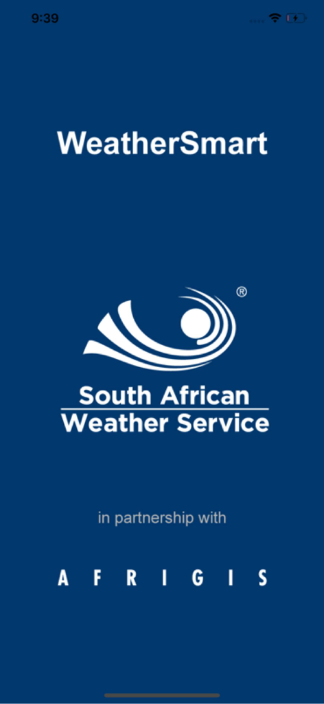 WeatherSmart - WeatherSmart app splash screen showing the South African Weather Service logo and partnership with AfriGIS