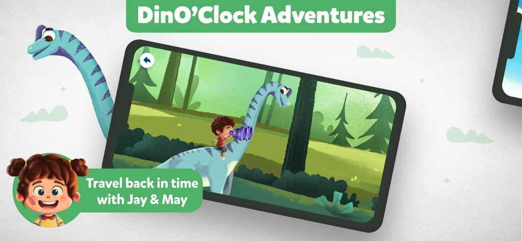 Ein Kindercharakter reitet auf einem blauen Dinosaurier in der Orboot Dinos AR App während eines Zeitreise-Abenteuers