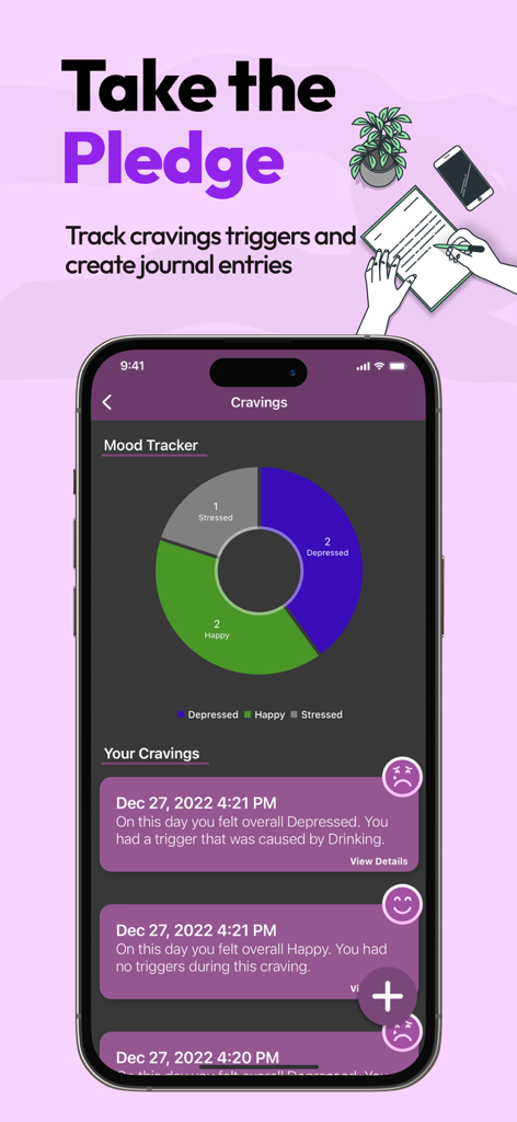 The mood tracker and cravings log screen within the Quit Vaping app showing a pie chart and emotional triggers.