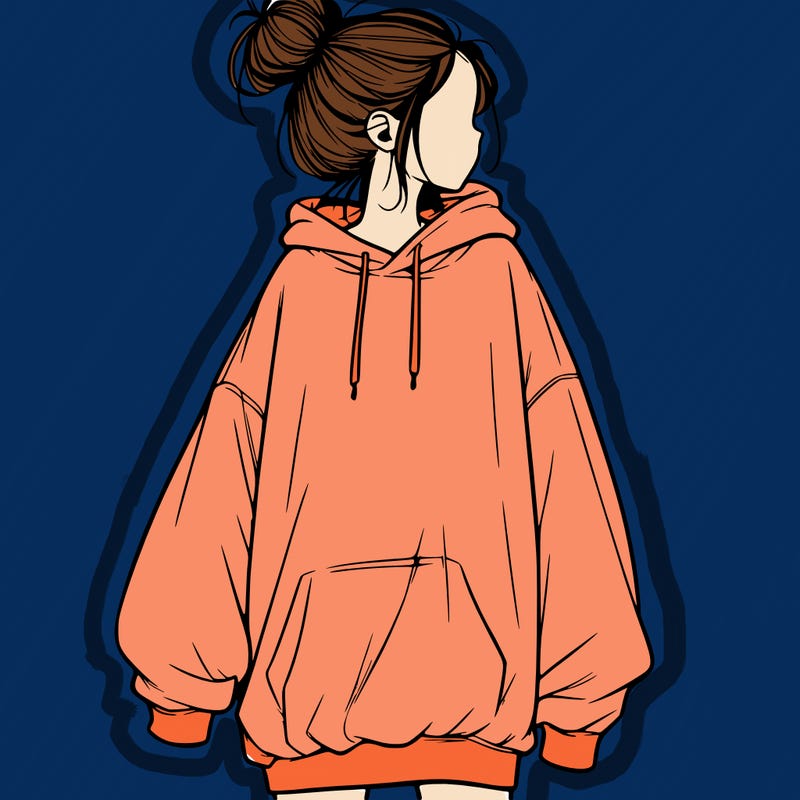 realistic girl with a oversized sweatshirt on and a bun