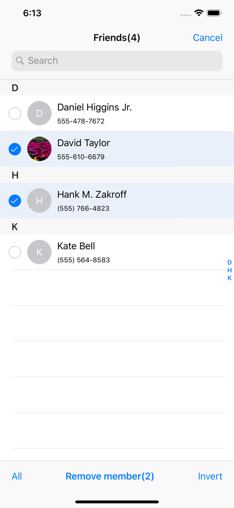 We Contacts - Batch selection interface for removing members from a contact group in the We Contacts app.