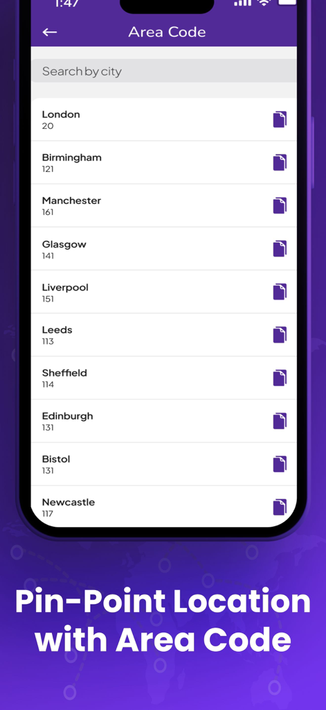 Phone Tracker by Number Lookup - ロンドン、バーミンガム、マンチェスターなどの英国の都市のリストと、正確な場所追跡のための対応する市外局番が表示されたモバイルアプリ画面