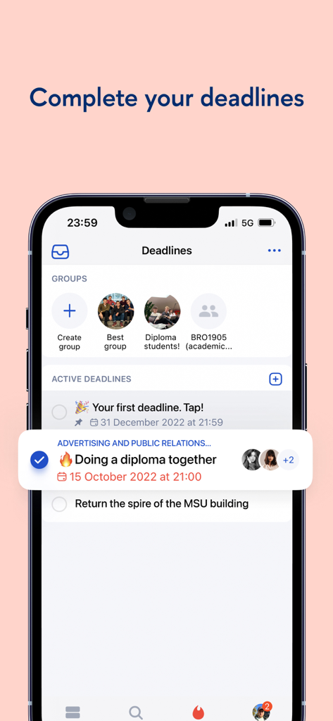 Interface of the HSE App X showing the deadlines management feature with active tasks and group project sections.