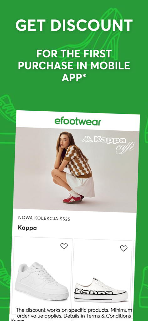 Promotional screen for efootwear app offering a discount on first purchase featuring Kappa sneakers