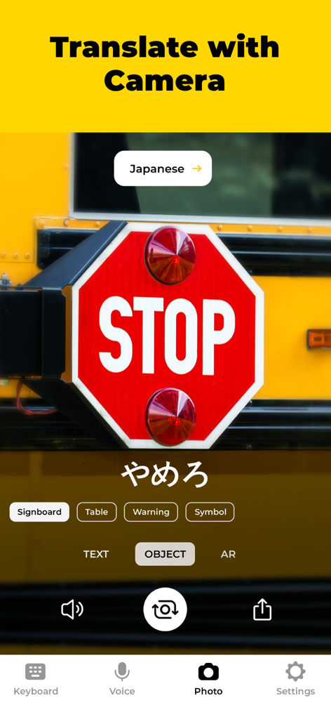 TypeOn: Ai Keyboard Translator - TypeOn app interface showing the camera translation feature translating a stop sign into Japanese