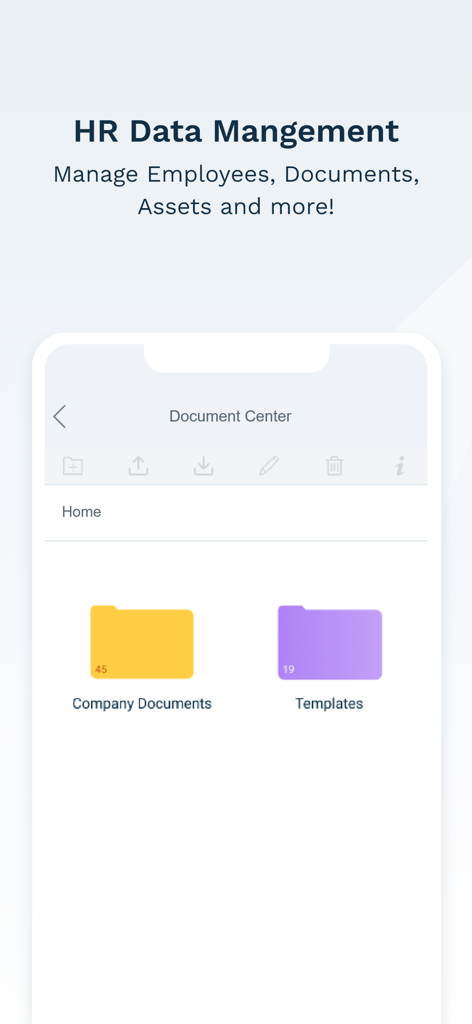 WorkEasy Software - Mobile app interface for HR data management showing document folders for company files and templates.