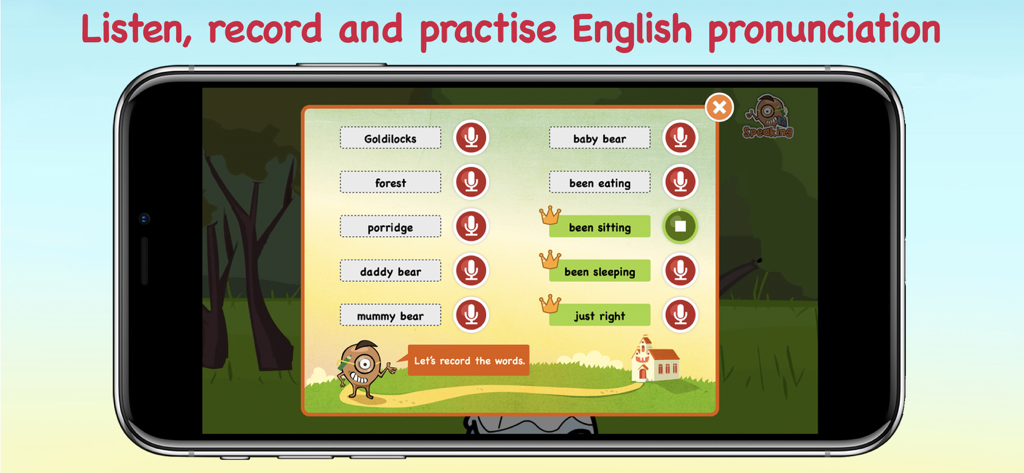 A listen and record activity screen where kids can practice English pronunciation by recording words and phrases from the Goldilocks story.