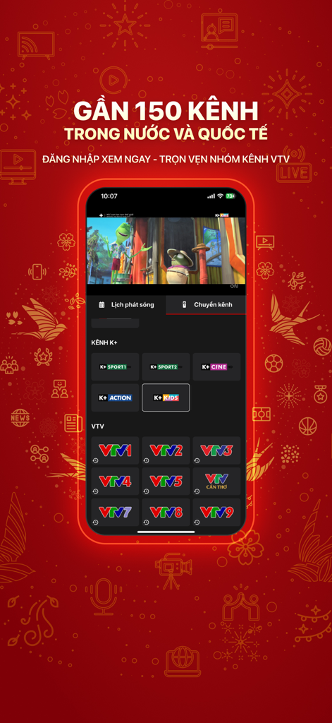 VTVcab ON - Giải trí bất tận - Benutzeroberfläche der VTVcab ON Mobile App mit lokalen und internationalen TV-Senderkategorien einschließlich VTV und K Plus