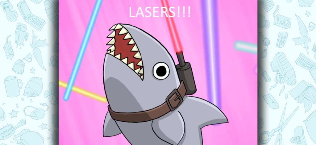 Influent Language Learning - Um tubarão de desenho animado com um raio laser preso às costas e o texto LASERS acima dele.