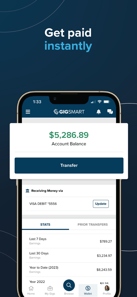 GigSmart app interface showing account balance and instant pay transfer options