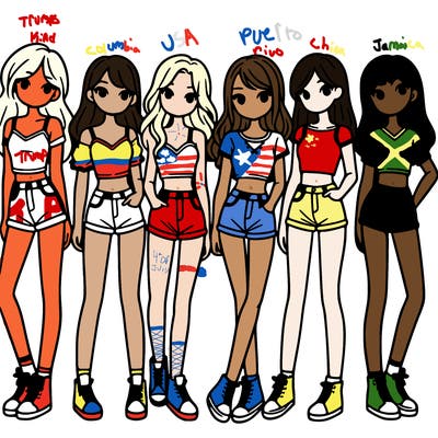 a group of girls wearing crop tops and shorts
