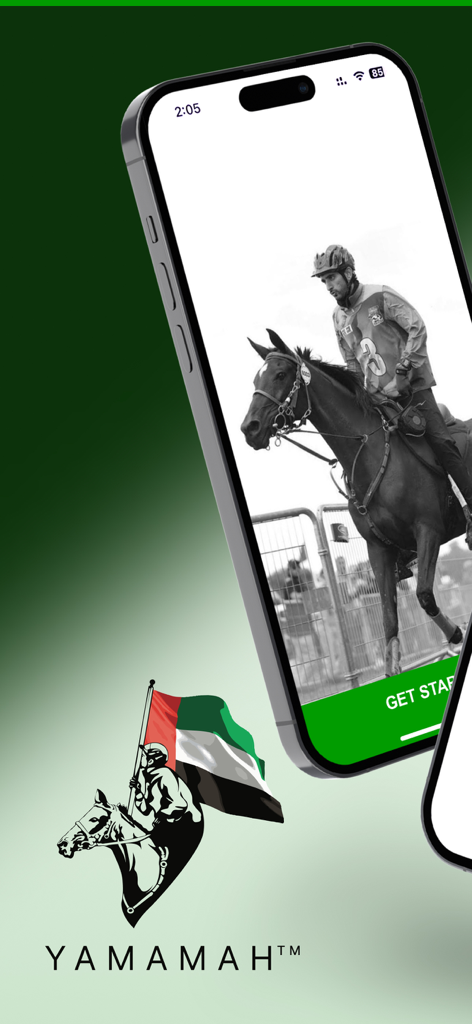 YamamahApp - モバイル画面にエンデュランス馬術のライダーとアプリのロゴが表示されているYamamahAppのインターフェース
