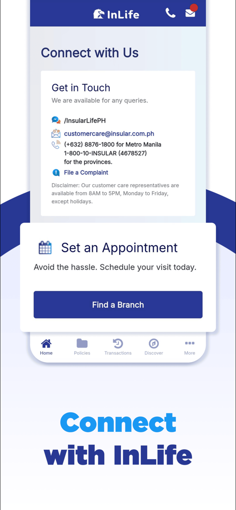InLife App - Interface of the InLife App showing customer support contact details and a branch locator button.