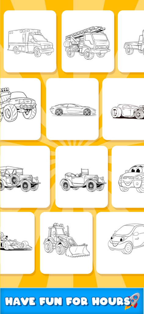 Cars Coloring Pages Game . - Auswahlmenü verschiedener Fahrzeug-Malvorlagen mit Lastwagen und Autos