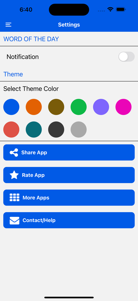 Maritime Terms & Dictionary - Settings screen of the maritime terms app featuring color theme selection and notification toggles