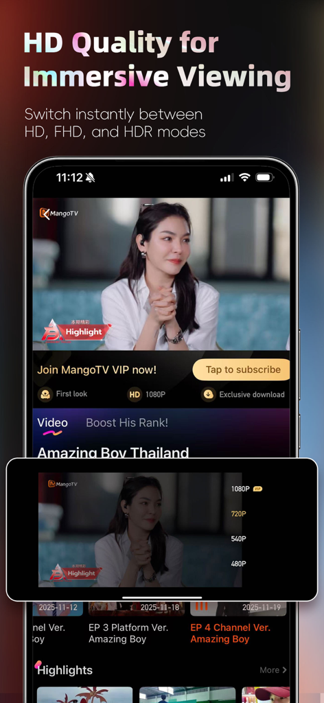 Interfaz de la aplicación móvil MangoTV mostrando opciones de calidad de video HD y FHD para streaming