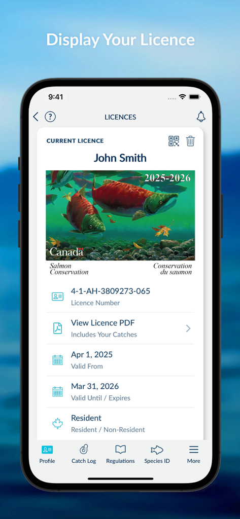 FishingBC - Screenshot of the FishingBC app displaying a digital tidal waters sport fishing license with salmon conservation artwork