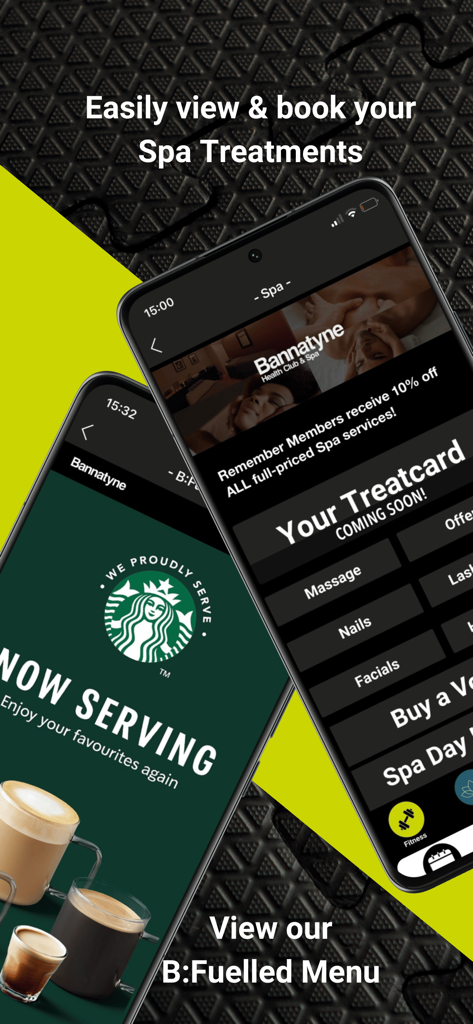 Screenshots of the Bannatyne app showing spa treatment booking options and the B:Fuelled cafe menu featuring Starbucks coffee.