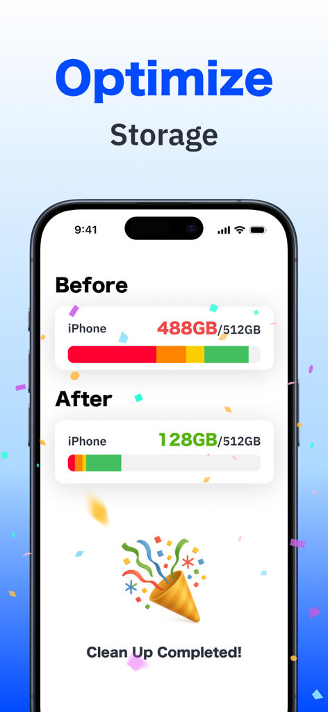 Boost Cleaner: Cleanup Storage - A before and after comparison on an iPhone showing storage being freed up from 488GB to 128GB with a celebration message.