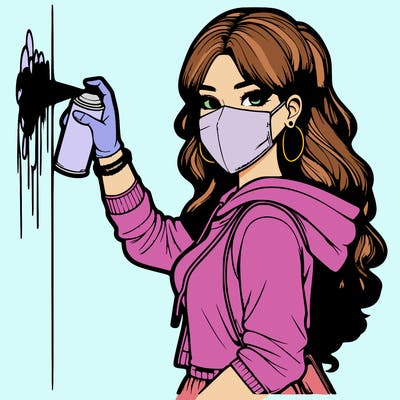 realistic girl with mask spray painting a wall