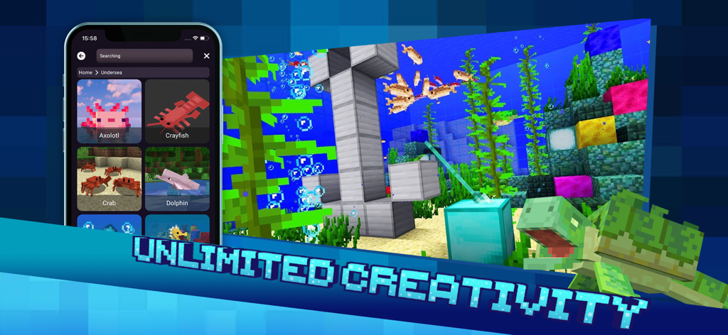 Interface of the MCPE Model Maker app showing various underwater Minecraft models like axolotls and turtles for custom mod creation.
