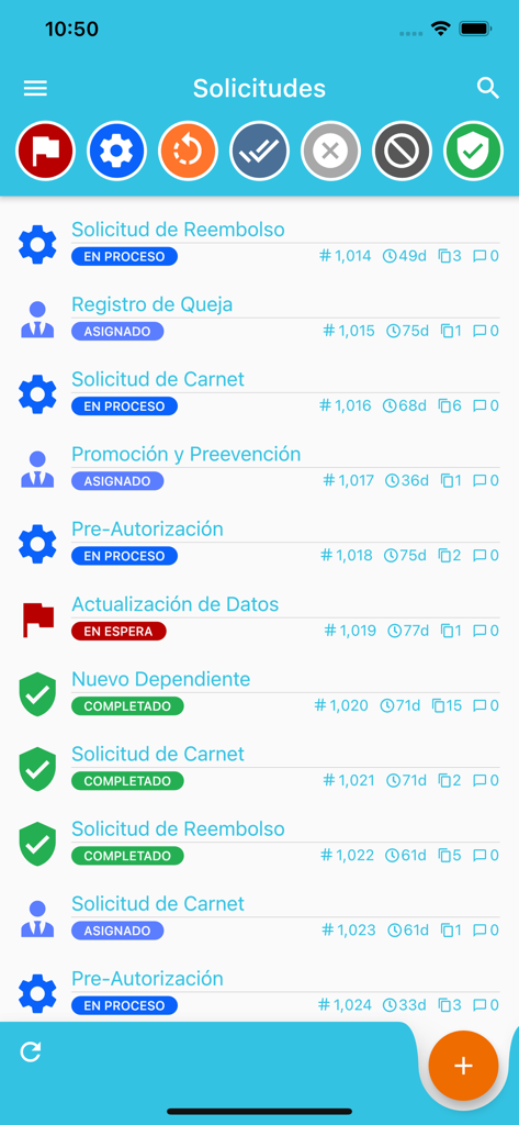ARS Renacer - Lista de solicitudes de atención médica con indicadores de estado en la aplicación móvil ARS Renacer