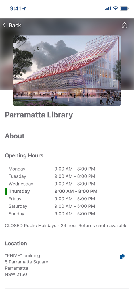 City of Parramatta Library - Screenshot of the City of Parramatta Library app displaying the opening hours and location of the Parramatta Library branch