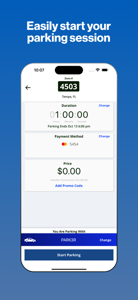Screenshot of the 717 Parking mobile app showing the start parking session screen with zone number and duration in Tampa