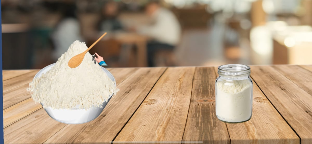 School Breakfast:Cooking games - A bowl of flour and a glass jar on a wooden table in a kids cooking simulation game.