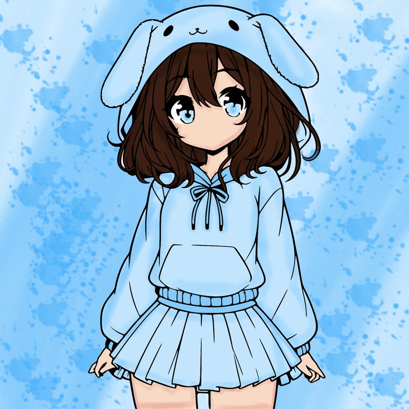 pretty anime girl wearing a fluffy hoodie with bunny ears on the hood and a skirt