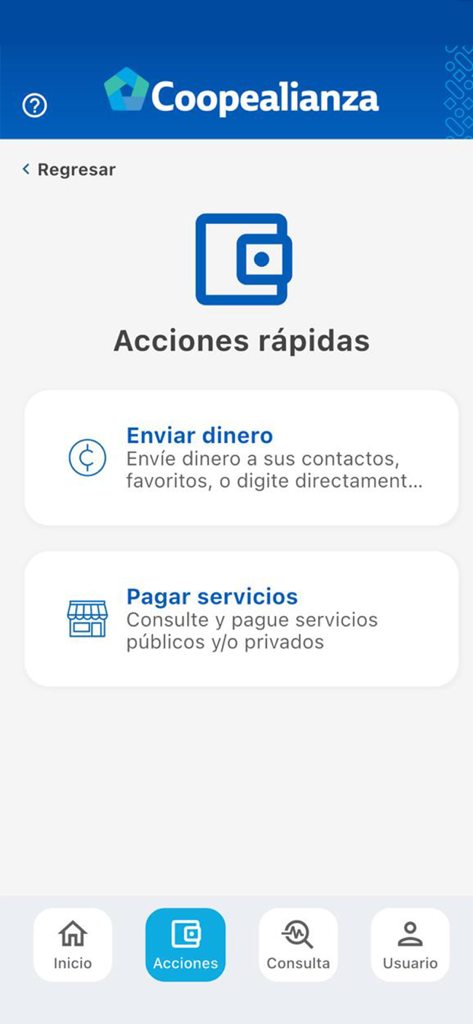 Coopealianza Sinpe Móvil - Interface of the Coopealianza Sinpe Movil app showing the quick actions menu with options to send money and pay services