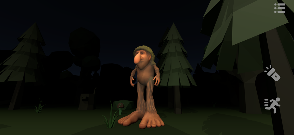 Brr Brr Patapim - Ein bizarrer Waldtroll mit großer Nase und riesigen Füßen steht in einem dunklen Low-Poly-Wald.