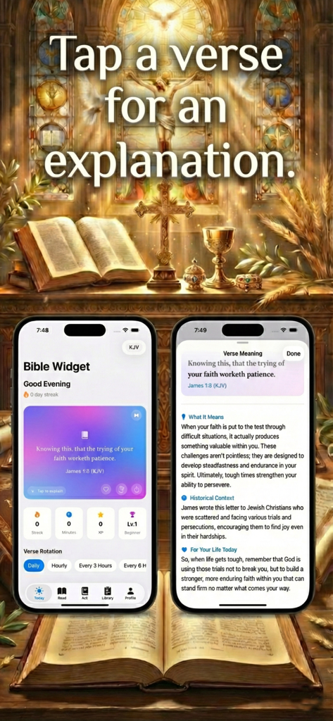Bible Widget: Verses & AI Chat - Captura de pantalla de la aplicación Biblia Widget que muestra significados de versículos impulsados por IA y contexto histórico en dos iPhones con un altar espiritual de fondo.