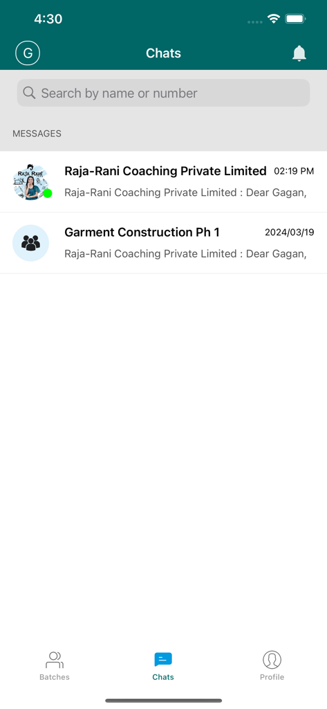 Raja-Rani Coaching - Chat interface of the Raja-Rani Coaching app showing messages from the institute and a garment construction course group.