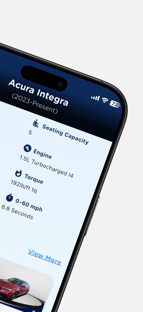 CarSnap: Car Shopping with AI - Especificaciones técnicas del Acura Integra mostradas en la aplicación móvil CarSnap