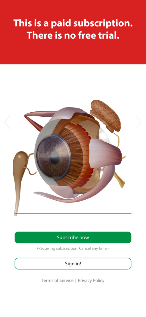 Visible Body Suite - Interaktives 3D-Anatomiemodell eines menschlichen Auges auf dem Abonnementbildschirm von Visible Body Suite